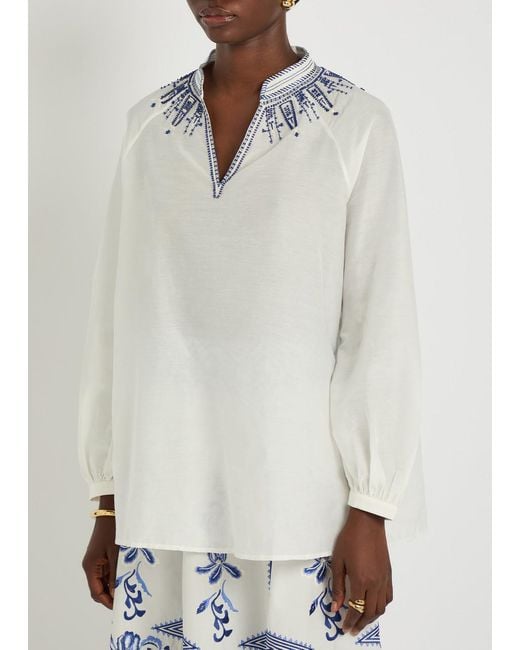 Emporio Sirenuse White Illizia Embroidered Cotton-Blend Blouse