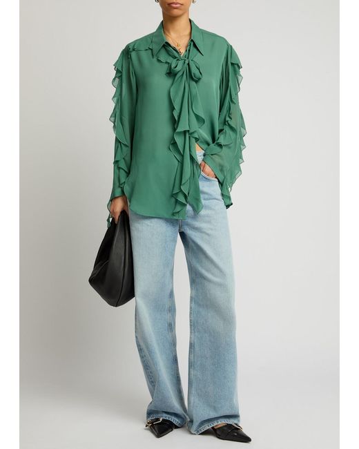 Dorothee Schumacher Green Sheer Twist Ruffled Silk-Chiffon Blouse