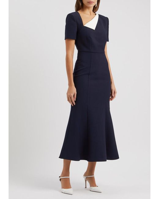 Roland Mouret Blue Short-sleeved Contrast-fold Stretch-woven Midi Dress