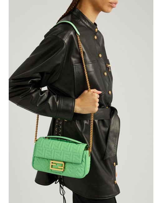 Fendi Green Ff-embossed Leather Shoulder Bag