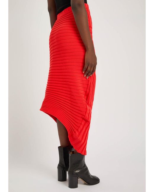Issey Miyake Red Asymmetric Ribbed-Knit Midi Skirt