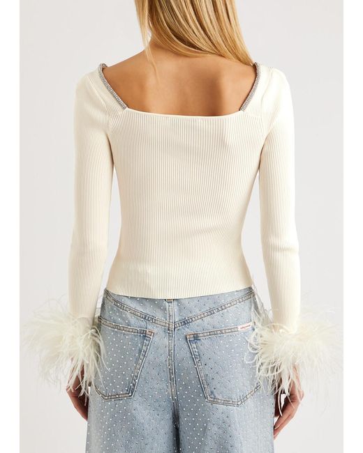 Self-Portrait White Feather-trimmed Ribbed-knit Top