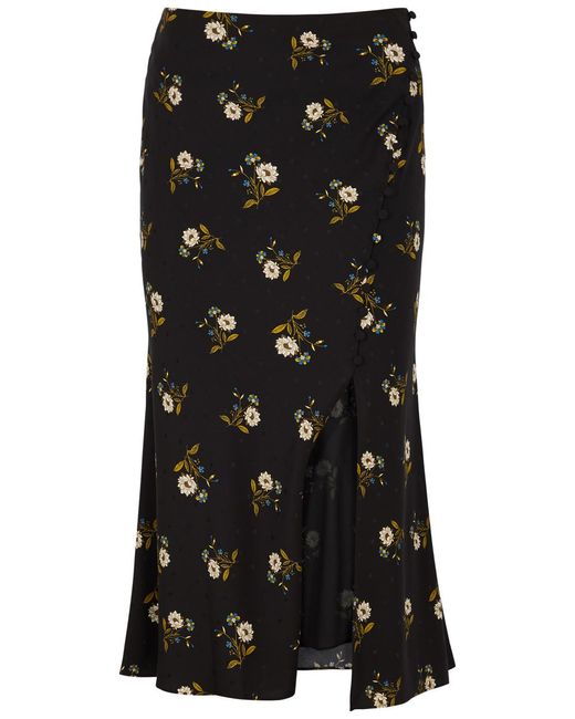 Veronica Beard Black Franconia Floral-print Silk-blend Satin Midi Skirt