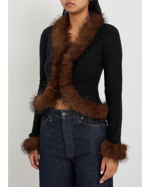 Self-Portrait Black Faux Fur-Trim Knit Cardigan