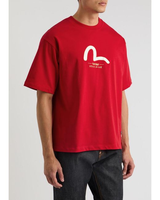 Evisu Red Daicock And Kamon Printed Cotton T-Shirt for men