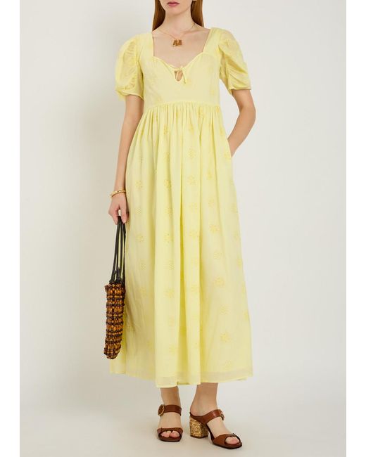 Thierry Colson Yellow Calliope Embroidered Cut-Out Cotton Midi Dress