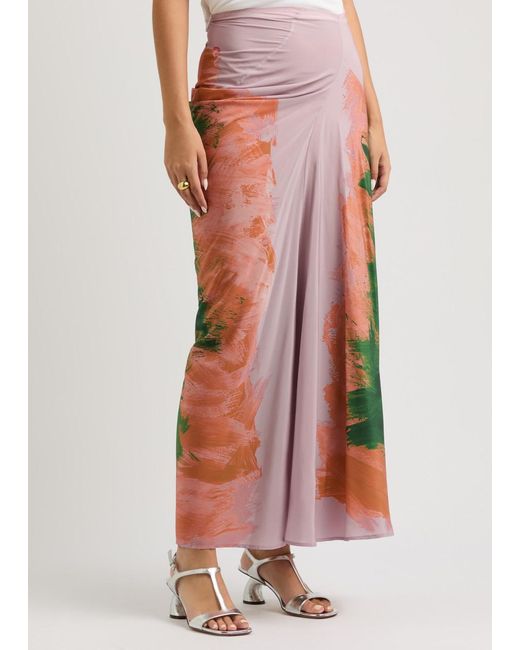 Dries Van Noten Red Saren Printed Draped Stretch-Silk Maxi Skirt