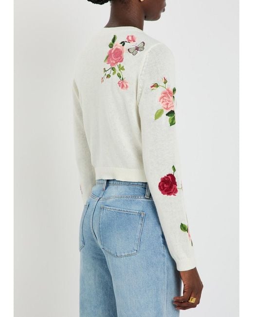Alice + Olivia White Dollie Floral-Embroidered Knit Cardigan