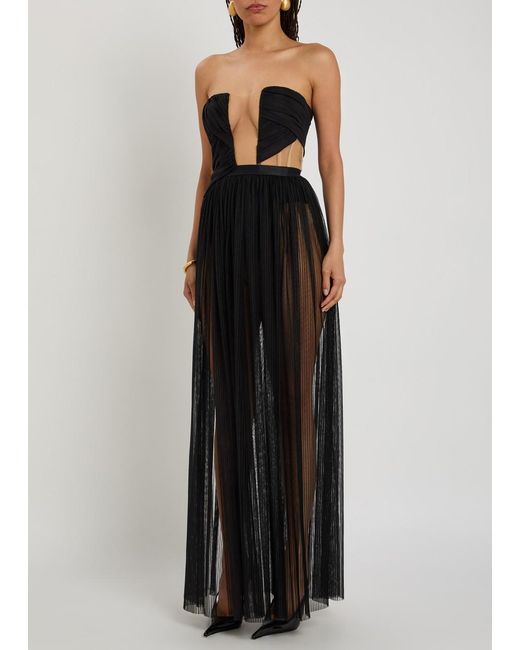Nensi Dojaka Black Corset-Style Strapless Mesh Gown