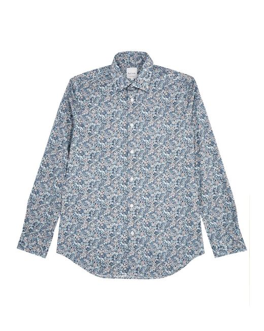 Paul Smith Blue Floral-print Cotton Poplin Shirt for men