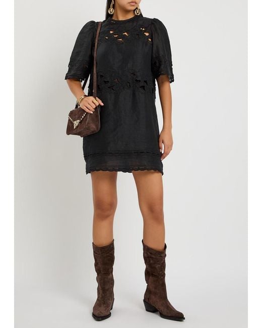 Isabel Marant Black Reldine Floral-Embroidered Ramie Mini Dress