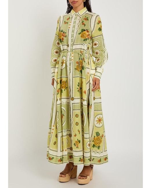 ALÉMAIS Yellow Dixie Printed Ramie Maxi Shirt Dress
