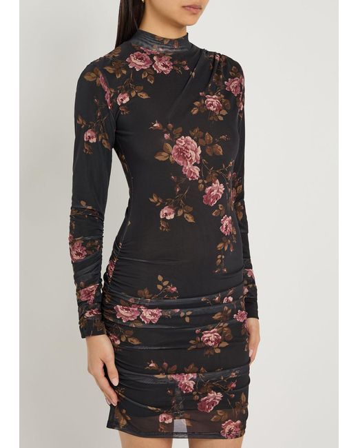 Reformation Women's Blue Emerson Floral-Print Ruched Mesh Mini Dress