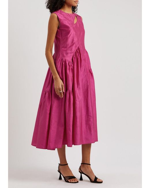 LOVEBIRDS Pink Star Cut-out Silk Midi Dress