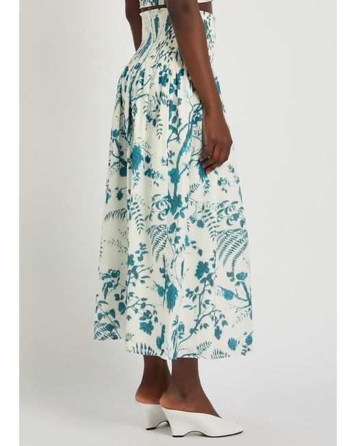 Erdem Blue Floral-Print Cotton And Linen-Blend Midi Skirt