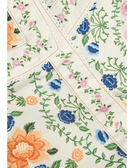 Farm Rio Gray Folk Floral-Print Cotton Mini Skirt