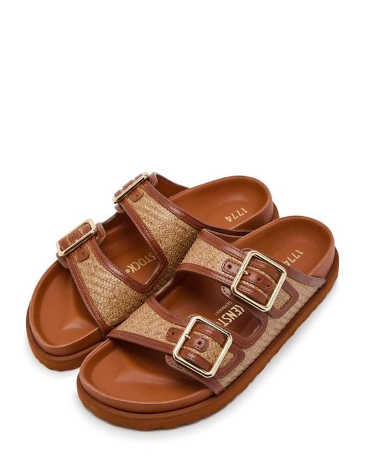 Birkenstock Brown Arizona Framed 1774 Raffia And Leather Sliders