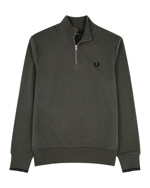 Fred Perry Green Logo-embroidered Cotton Half-zip Sweatshirt for men