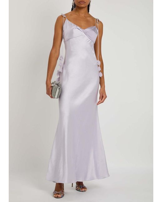 Self-Portrait White Floral-Embellished Satin Maxi Slip Dress