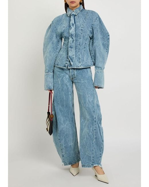 A.W.A.K.E. MODE Blue Tie-Neck Washed Denim Shirt