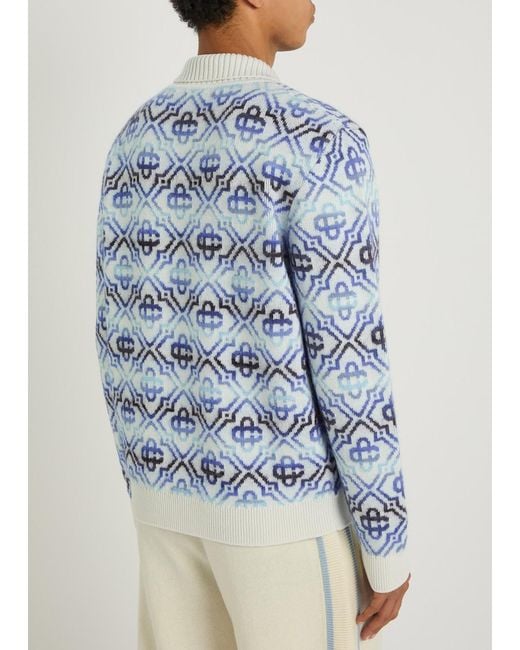 Casablanca Blue Monogram Wool-Blend Cardigan for men