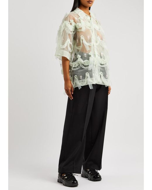 Simone Rocha Green Floral-Embroidered Ruffled Tulle Shirt