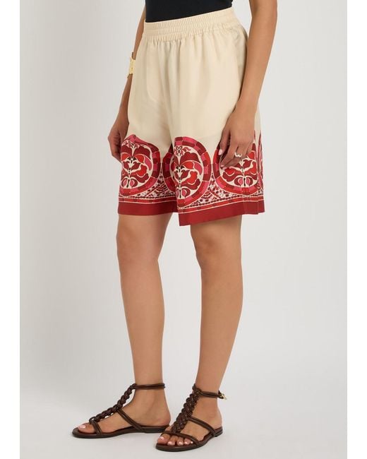 LaDoubleJ Red Palazzo Printed Silk-Twill Shorts