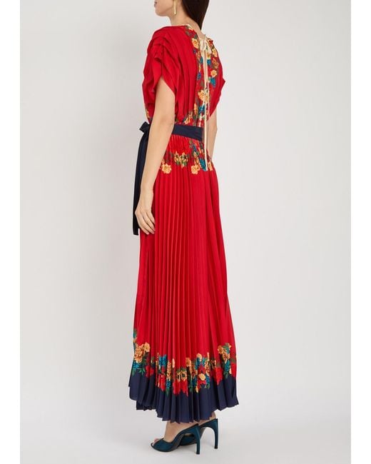 LaDoubleJ Red Accordion Floral-Print Crepe Maxi Dress