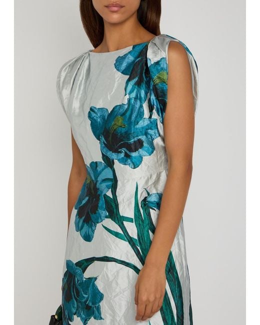 Erdem Blue Floral-Print Textured Satin Midi Dress