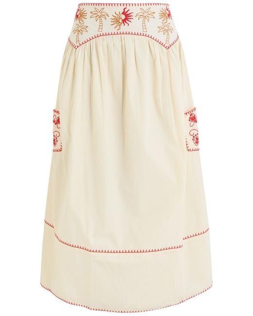 Never Fully Dressed Natural Pollenca Embroidered Cotton Midi Skirt