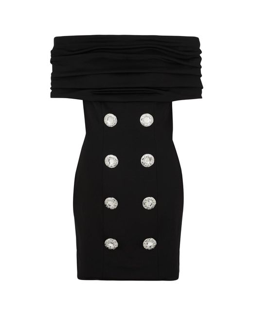 Balmain Black Off-The-Shoulder Embellished Cady Mini Dress