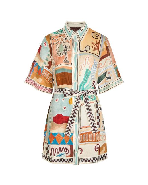 ALMAIS Women's White Michelle Printed Belted Linen Mini Shirt Dress
