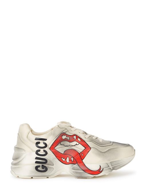 Gucci White Rhyton Leather Sneakers With Maxi Mouth Print