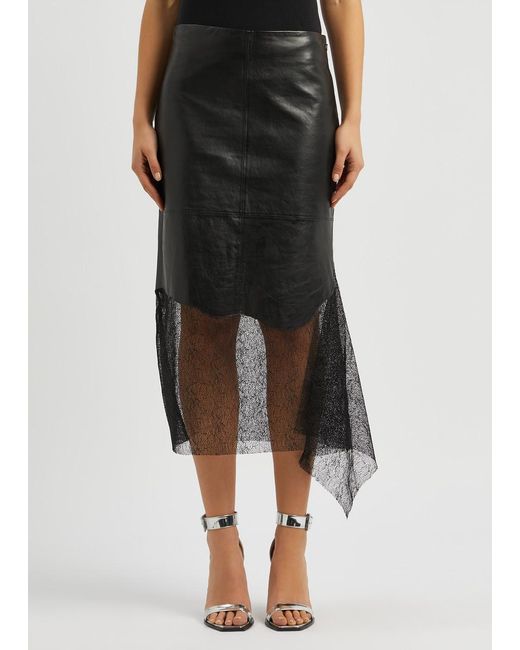 Helmut Lang Black Lace-panelled Leather Midi Skirt