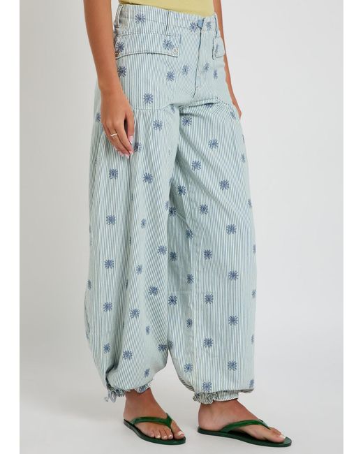 Free People Blue Lotus Striped Embroidered Balloon-Leg Jeans