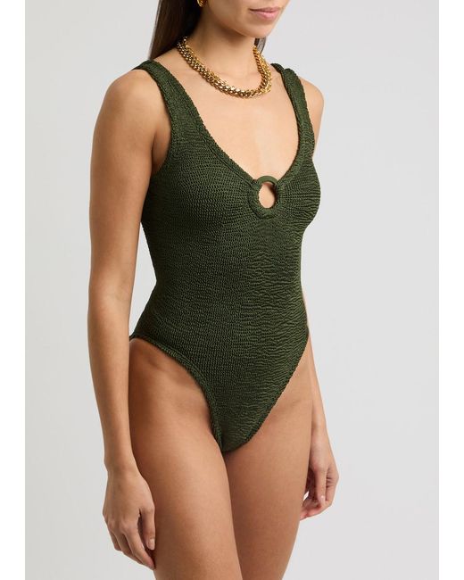 Hunza G Green Celine Cut-Out Seersucker Swimsuit
