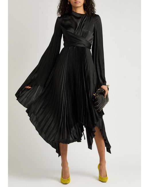 A.W.A.K.E. MODE Black Pleated Wrap-Effect Satin Midi Dress
