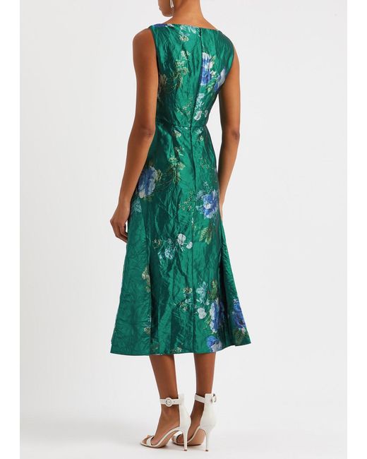 Erdem Green Floral-print Crinkled Satin Midi Dress
