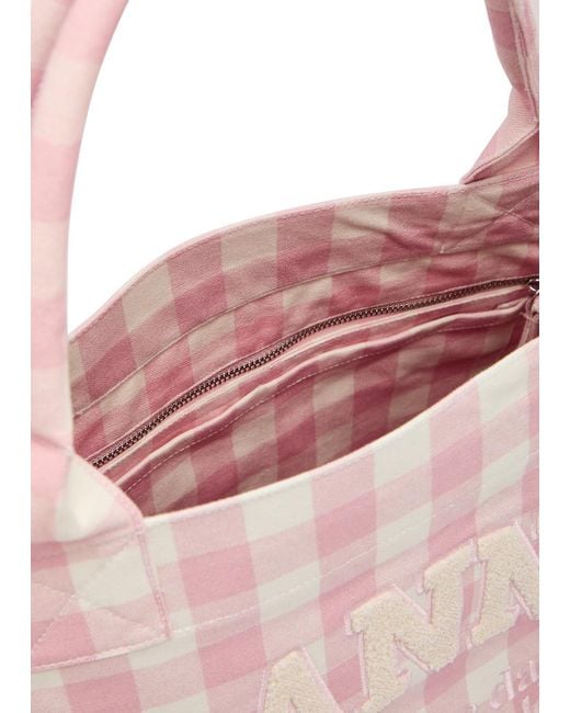 Ganni Pink Vichy Xxl Checked Shopper Canvas Tote