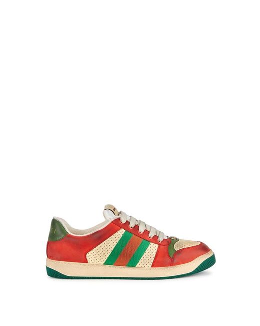 Gucci Red Virtus Distressed Leather And Webbing Sneakers for men