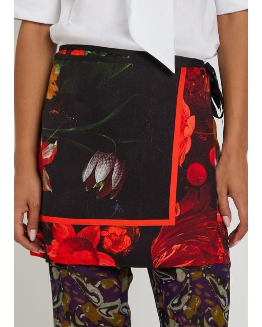 Dries Van Noten Red Gabrinas Printed Satin Mini Wrap Skirt