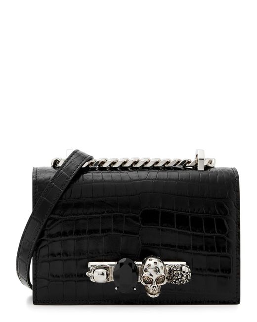 Alexander McQueen Black Skull And Jewel-embellished Mini Croc-embossed Leather Cross-body Bag