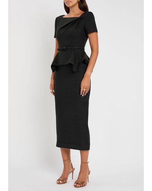 Roland Mouret Black Belted Peplum Tweed Midi Dress