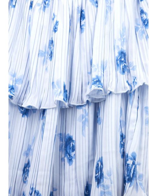 Ganni Blue Floral-Print Plissé Georgette Midi Dress
