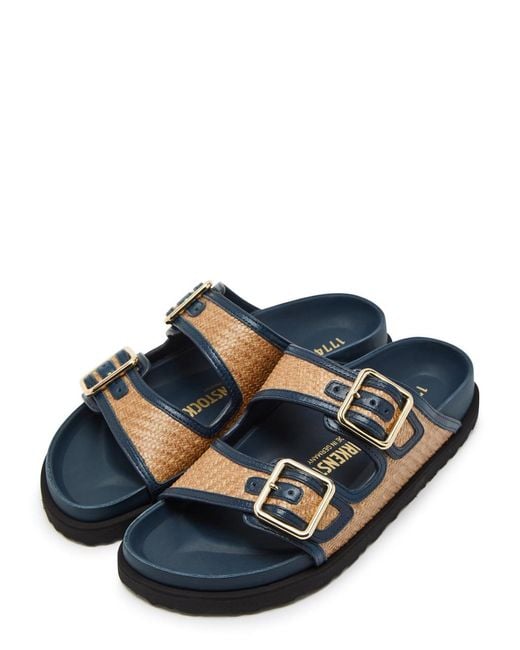Birkenstock Blue Arizona Framed Raffia And Leather Sliders