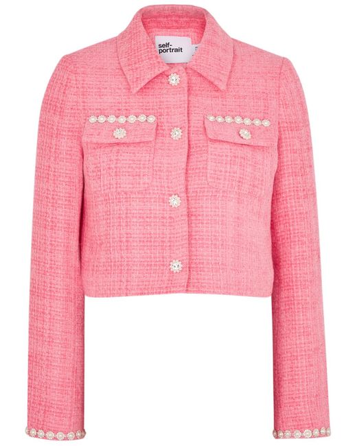 Self-Portrait Embellished Bouclé Tweed Jacket in Pink | Lyst