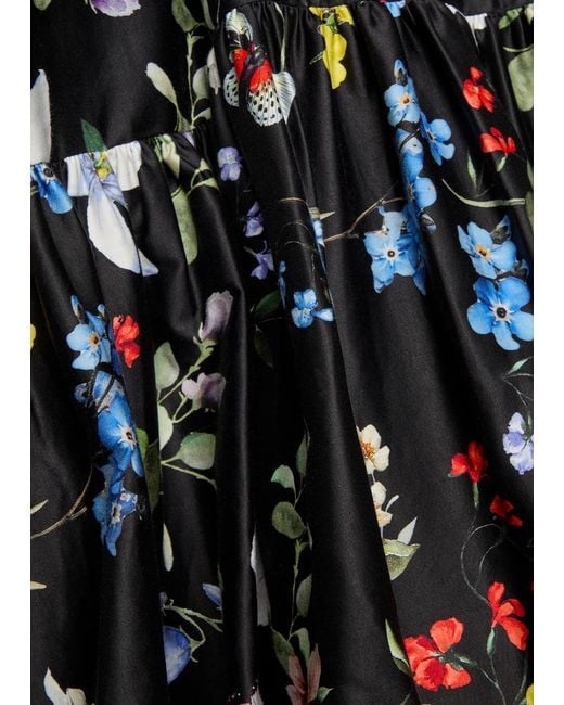 Alice + Olivia Black Lila Floral Print Tiered Stretch-Cotton Gown