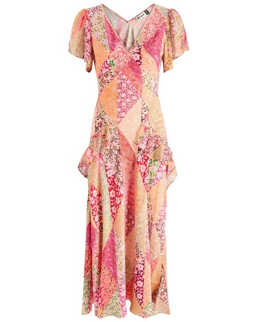Rixo Red Evie Patchwork-Print Silk Maxi Dress