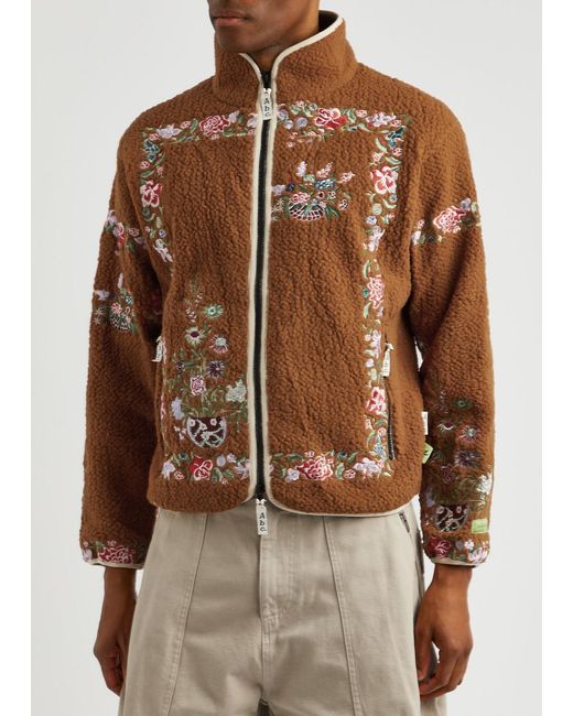Advisory Board Crystals Brown Floral-embroidered Fleece Jacket for men