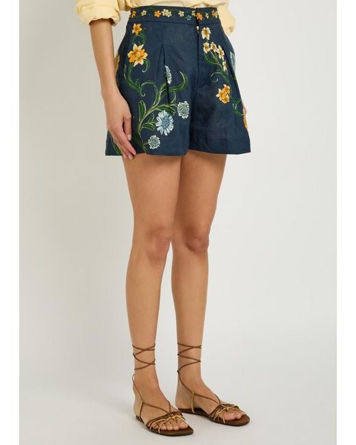 Agua Bendita Blue Maratea Floral Linen Shorts
